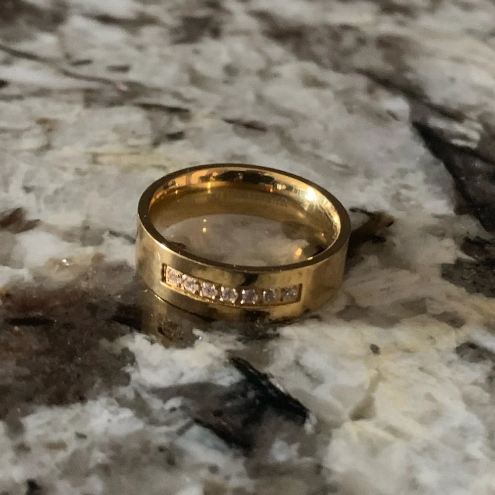 Vintage Gold Plated Ring, Stainless Steel & CZ Stones, Approx. Size 7